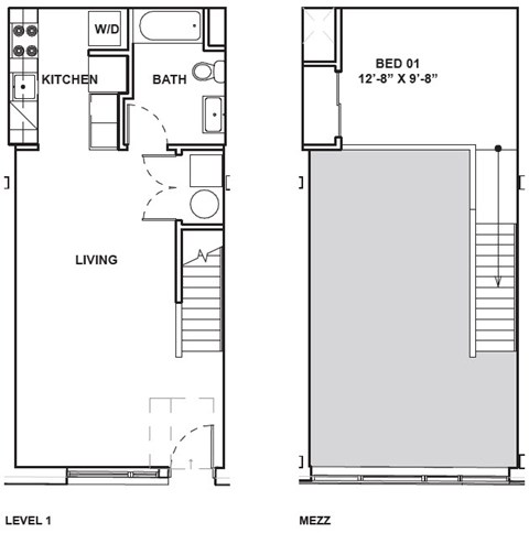 A floor plan shows a bedroom, a bathroom, a kitchen, and a living room.